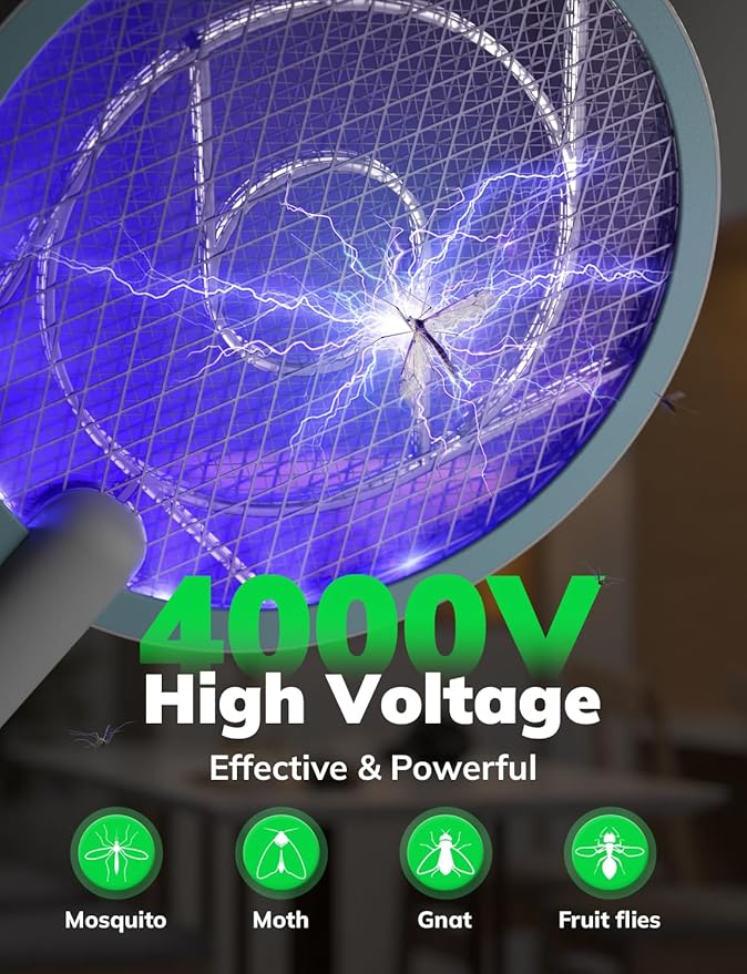 YISSVIC Electric Fly Swatter Bug Zapper Racket 4000V LED Screen Dual Modes Fly Zapper Rechargeable for Indoor Home Office Backyard Patio Camping