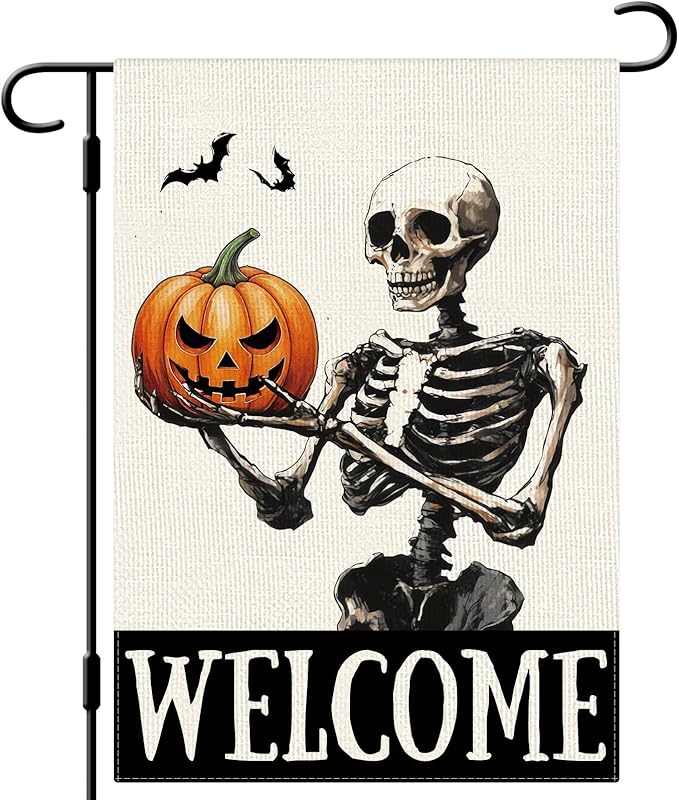 DLZDN Welcome Halloween Skeleton Garden Flag Funny Horror Skull Pumpkins Flag 12×18 Inch Double Side Vertical Burlap Farmhouse Yard Sign Holiday Seasonal Outdoor House Decoration