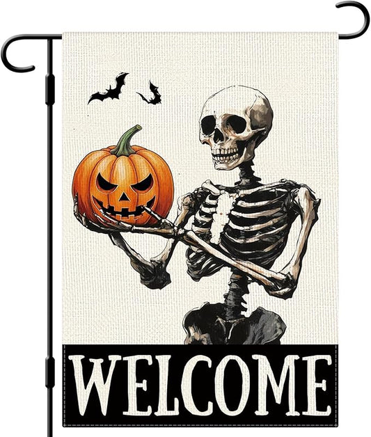 DLZDN Welcome Halloween Skeleton Garden Flag Funny Horror Skull Pumpkins Flag 12×18 Inch Double Side Vertical Burlap Farmhouse Yard Sign Holiday Seasonal Outdoor House Decoration