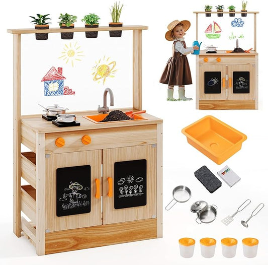 HONEY JOY Mud Kitchen, Fir Wood Outdoor Play Kitchen for Toddlers, 4 Planting Cups, Cookware, Faucet & Sink, DIY Acrylic Board & Blackboard, Storage, Mud Table, Mud Kitchen for Kids Outdoors, Natural