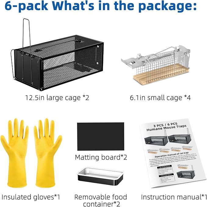 Humane Rat Traps - Large 12.5 Inches Upgraded Mouse Trap for Outdoors & Indoors - Reusable Rat Trap Cage for Mouse and Small Animals - Effective Quick Simple to Use (6-Pack)