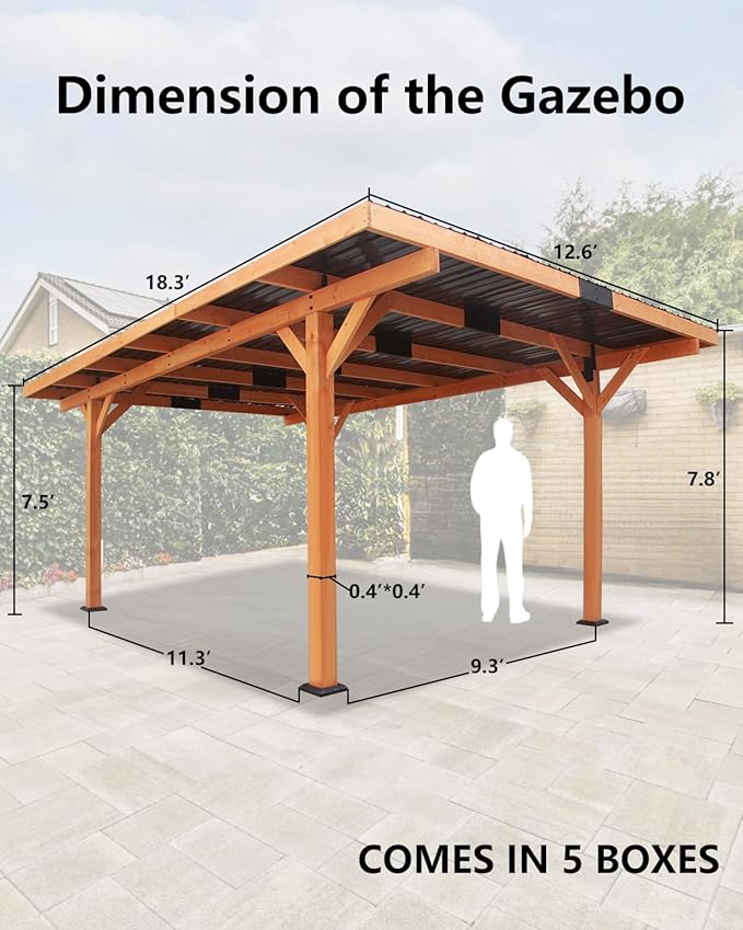 18.3 x 12.6 x 7.8 FT Carport, Wood Outdoor Gazebo Pavilion with Hardtop Sloped Steel Roof, Heavy Duty Waterproof Car Port for Backyard, Patio, Deck and Lawn
