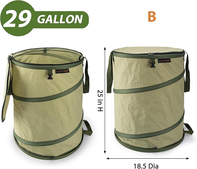 YUDI & GARDEN 29 Gallon Hard Bottom Collapsible Trash Can｜Collapsible Garden Bag｜Camping Trash Can, Green 2-Pack for Collecting Weeds or Party and Yard Waste