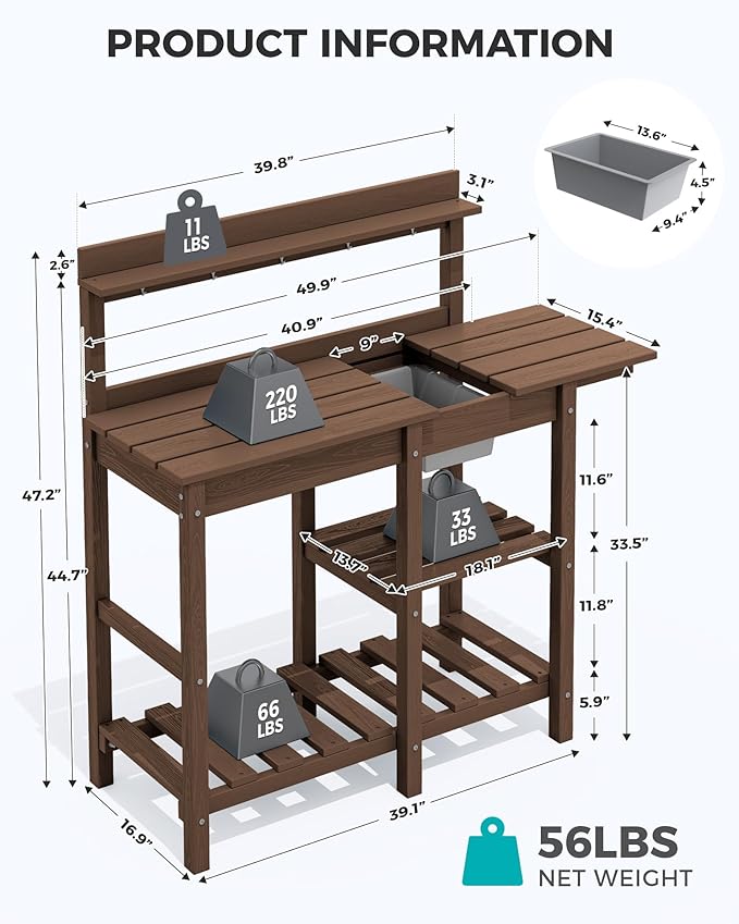 SERWALL Potting Bench Set of 2 Outdoor Potting Table with Sink, HDPE Potting Benches for Outside Gardening Table All Weather Use- Coffee