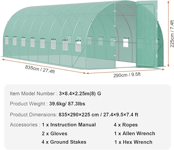 VEVOR Walk-in Tunnel Greenhouse, 27.4x9.5x7.4 ft Hoop House Greenhouse Tunnel, Plant Hot House with Galvanized Steel Frame, Green PE Cover, Swing Door and 16 Roll-up Windows for Outdoor