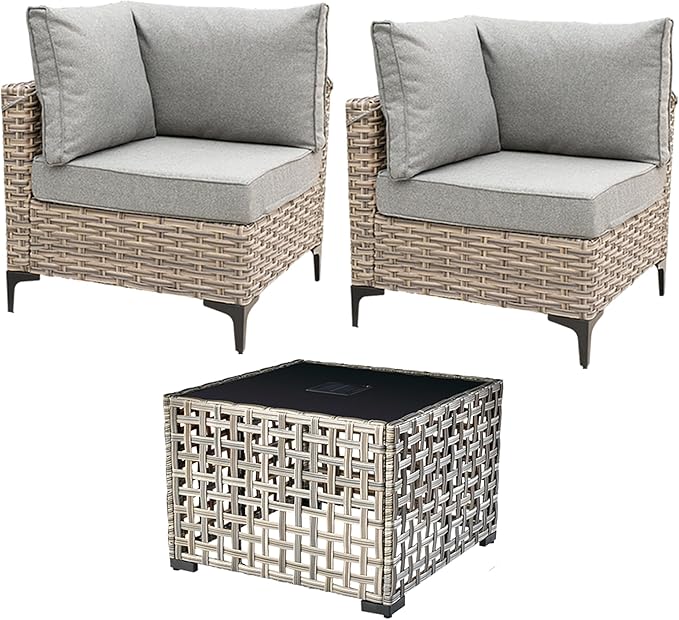 HOOOWOOO 3 Pieces Outdoor Patio Sectional Sets with 2 Single Arm End Corner Chairs and an LED Table,Charcoal Gray