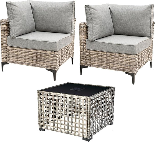 HOOOWOOO 3 Pieces Outdoor Patio Sectional Sets with 2 Single Arm End Corner Chairs and an LED Table,Charcoal Gray