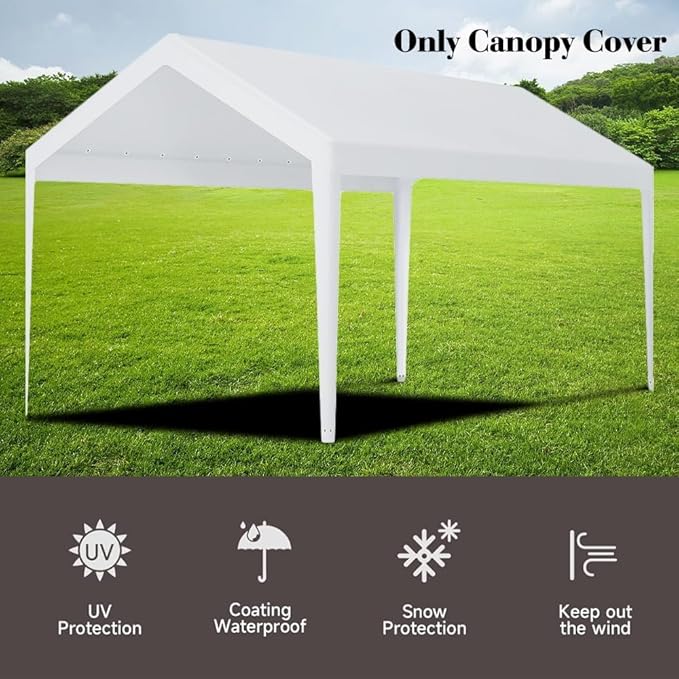 Rutile 10 x 20 FT Carport Replacement Cover, Heavy Duty Car Tarp Canopy Tent Garage Top Shelter With Fabric Leg Pole Skirts and Ball Bungees - White (Only Top Cover, Frame Not Included)