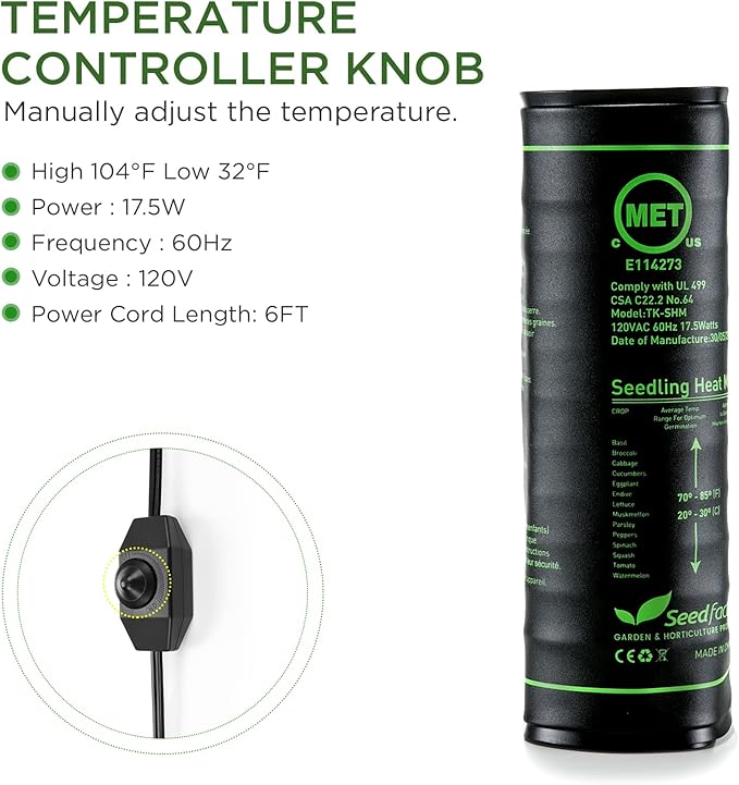 Seedfactor MET Certified Seedling Heat Mat, Adjustable Temperature, Waterproof, Durable Germination Station, Warm Hydroponic Heating Pad, Indoor Home Gardening, Medium Size