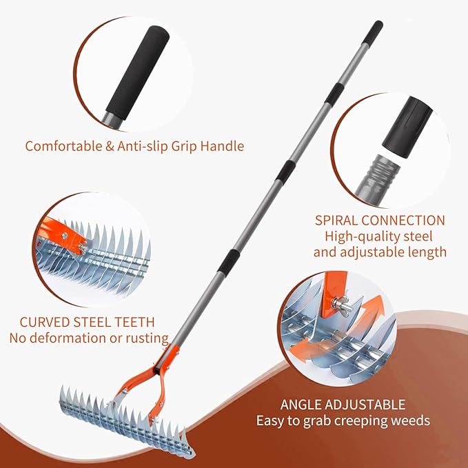 Thatch Rake, 15-Inch Steel Lawn Dethatcher with Handle, Robust Dethatcher Rake, Heavy Duty Grass Cleaning Tool for Dead Grass and Soil Loosening, Yard Garden Durable Soil RAK e