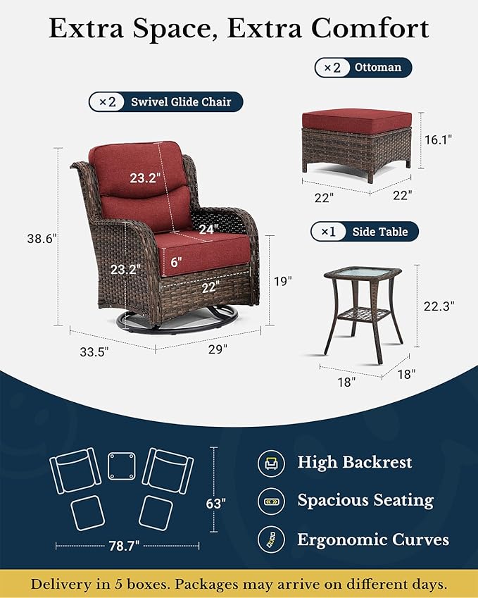 HILLGA Luxury Outdoor Swivel Rocker Patio Chairs of 2 with 6 Inch Thick Cushions and Side Table, Swivel Outdoor Chairs 5PCS High Back Wicker Patio Furniture Set for Porch, Balcony, Deck in Burgundy