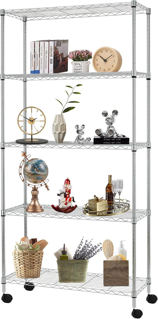 FDW | 5-Tier Wire Storage Shelves with Wheels | 30"x14"x61" | Chrome | Adjustable Racks | Heavy-Duty Metal Shelf, Holds Upto 220 lbs | Tool-Free Assembly, Rust-Resistant | for Home & Garage Shelving