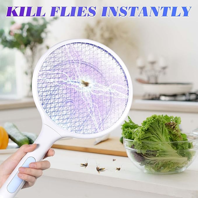 Qualirey 2 Pcs Electric Fly Swatter Racket 3000V 2 in 1 Bug Zapper Racket USB Rechargeable, Powerful Mosquitoes Trap Lamp and Fly Killer with 3 Layer Safety Mesh for Indoor Outdoor (White,Round)
