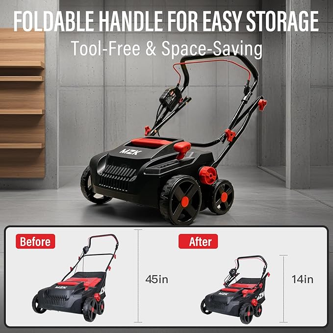 MZK 15-inch 2-in-1 Electric Dethatcher and Scarifier w/Removeable 5-Position Height Adjustment,Lawn dethatcher w/12-Gallon Thatch Collection Bag,Keep Lawn Health,DS15A03