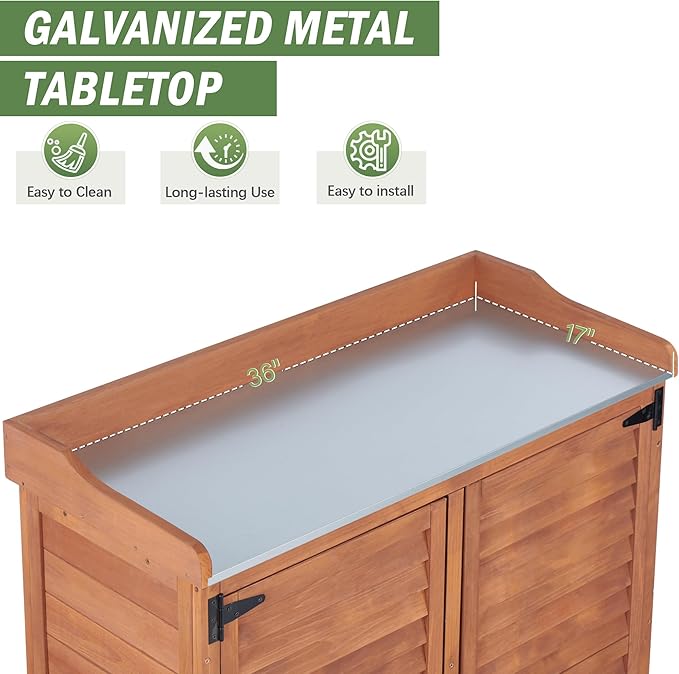 Outdoor Potting Bench with Metal Work Top,Waterproof Garden Storage Cabinet,Wooden Tool Station Shed for Backyard,Patio,Lawn Gardening