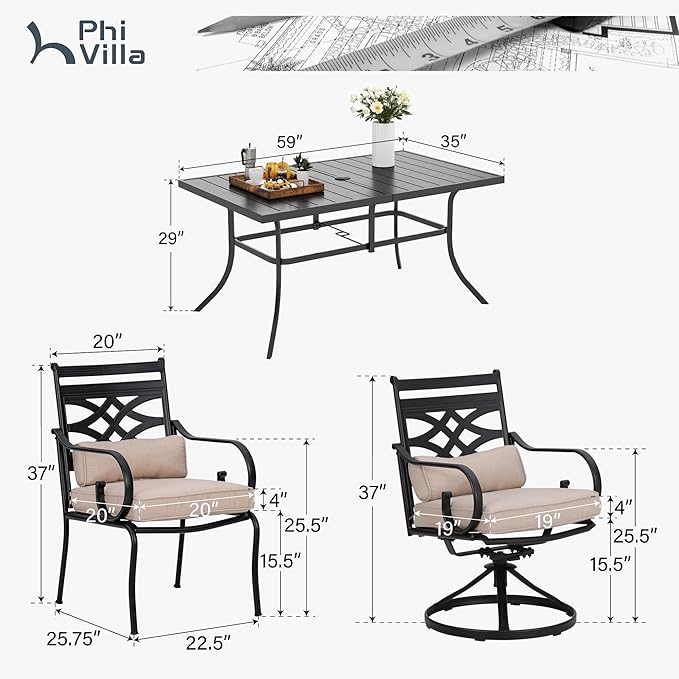 PHI VILLA 7 Pcs Patio Dining Sets,Outdoor Table Chair Set for 6 with 2 Outdoor Swivel Chairs and Metal Rectangular Table,Outdoor Dining Furniture with Cushion and Pillow for Garden Lawn Deck