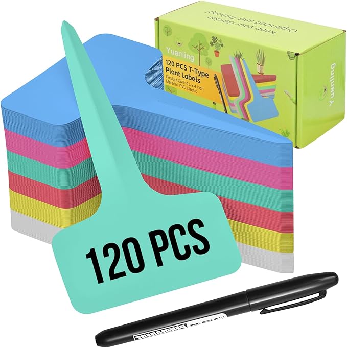 Plant Labels 120 Pcs Yuanling T-Type Plastic Garden Tags Waterproof Plant Sign Stakes Nursery Garden Makers for Seedlings Flower Vegetables Herb Potted Belt Permanet Marker Pen (6 Colors