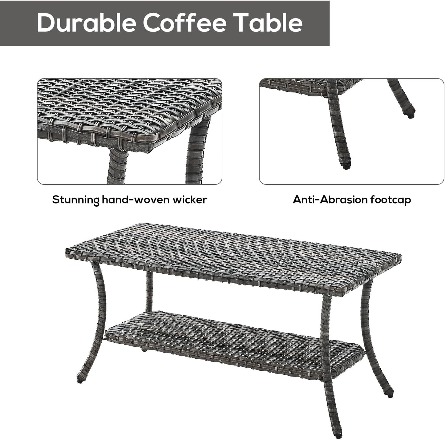 Patio Tables Outdoor Coffee Table - Wicker Rattan Coffee Tables with 2-Tier Storage Shelf Side Table for Porch Deck Balcony Garden Outside Rectangle Mixed Grey