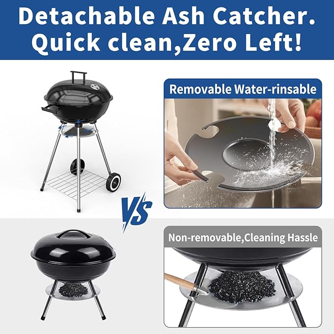 18 Inch Portable Charcoal Grill, Heavy Duty Kettle BBQ Smoker with Built-in Thermometer & Removable Water-Rinsable Ash Catcher for Outdoor Camping, Patio, Backyard, and Tailgating