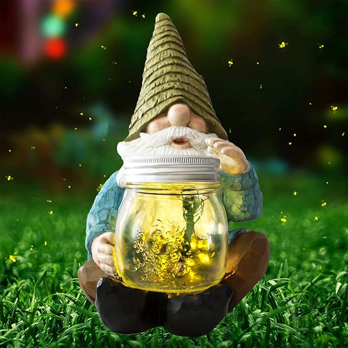 Solar Firefly Jar Gnome Waterproof- Halloween Large Garden Gnome Funny Solar Outdoor LED Lights Resin Statues 10.6" Lantern Figurines Decorations Birthday Gifts for Mom Women-Housewarming Gifts