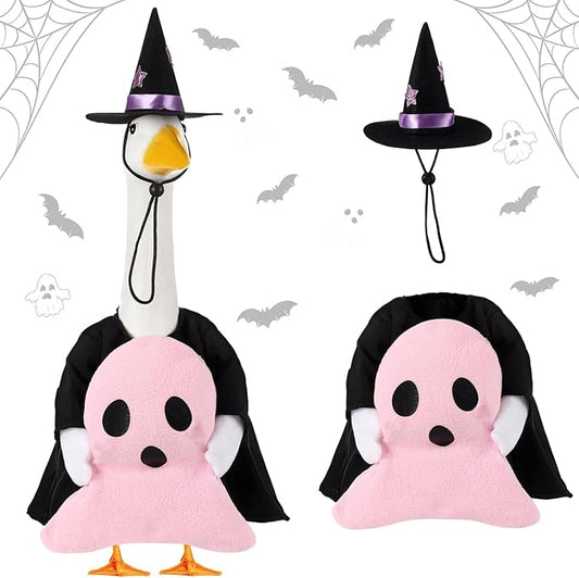 Sanwuta 1 Set Halloween Porch Goose Outfit Pink Ghost Pillow Design with Witch Hat for 23" Lawn Cement Goose Porch Geese Clothes Costume for Halloween Garden Patio Yard Outdoor Decorations