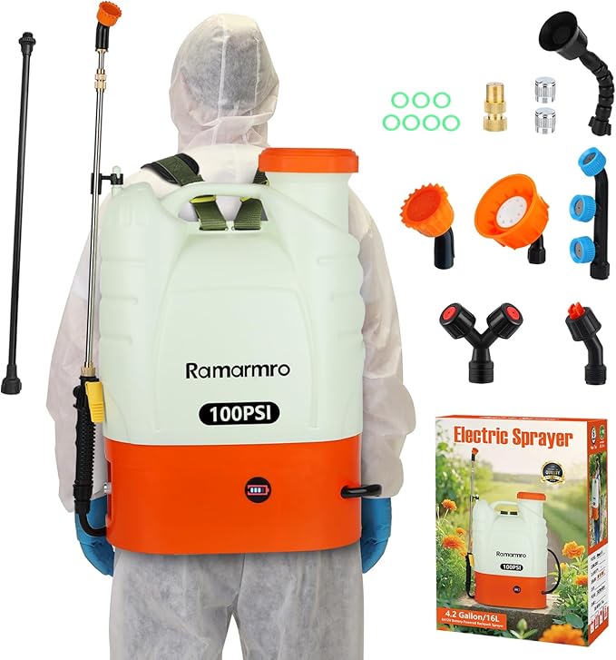 Battery Powered Backpack Sprayer 4 Gallon Lawn Garden Sprayer,100 PSI Adjustable Pressure with 8 Nozzles and 2 Wands, Weed Yard Sprayer for Lawn, Garden, Cleaning