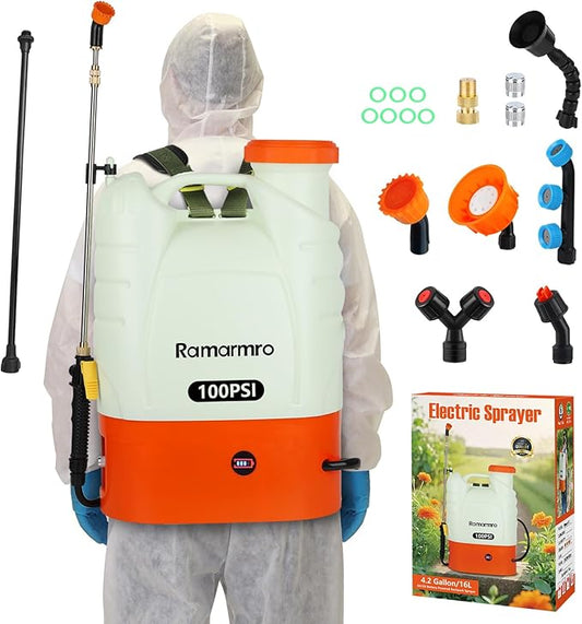 Battery Powered Backpack Sprayer 4 Gallon Lawn Garden Sprayer,100 PSI Adjustable Pressure with 8 Nozzles and 2 Wands, Weed Yard Sprayer for Lawn, Garden, Cleaning