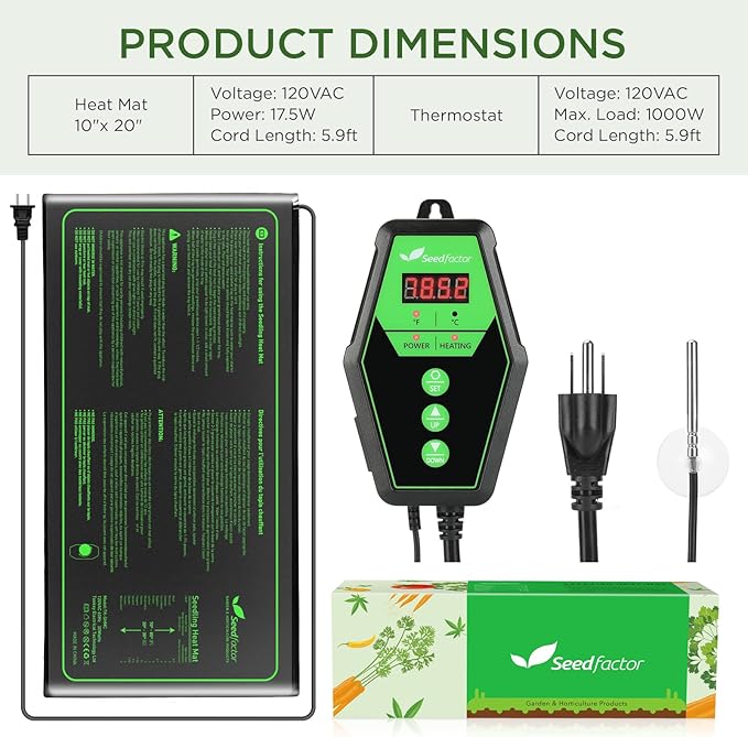Seedfactor 10" x 20" MET Certified Seedling Heat Mat and Digital Thermostat Combo Set