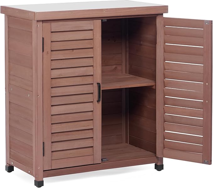 Potting Bench with Storage Cabinet and Metal Table Top for Outdoor Patio, Garden Furniture Wood Workstation (Dark Brown, 31x17x36)