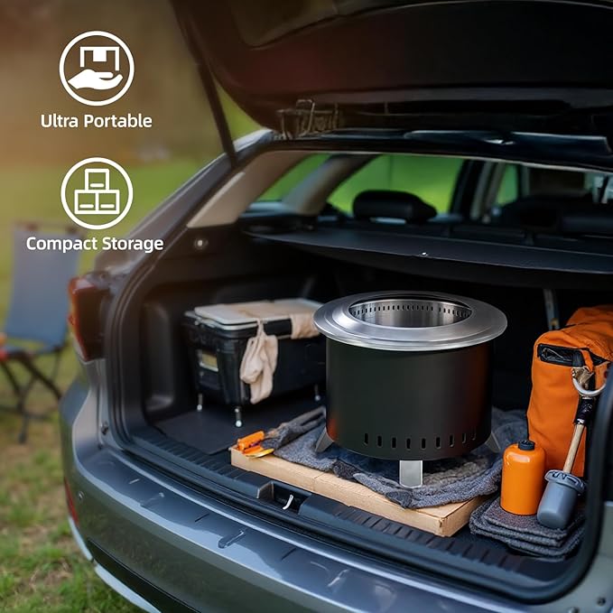 Smokeless Fire Pit,22 Inch Stainless Steel Firepit, Outdoor Wood Burning Fire Pit with Cover,Smokeless Firepits for Outside Backyard Patio Garden Camping Bonfire(Black)