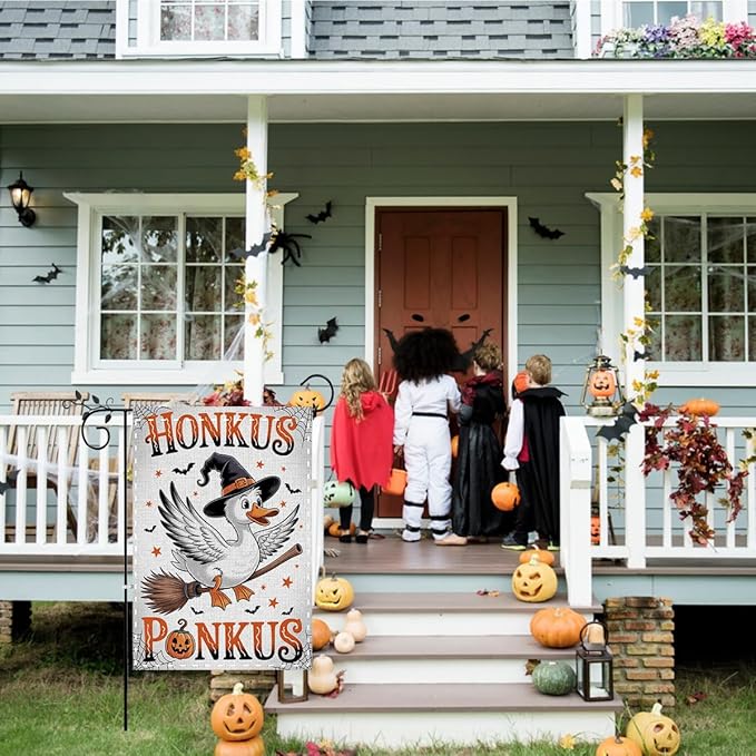 Fokongna Witch Goose Halloween Garden Flag, Interesting Happy Halloween Decor, 12x18 Inch Burlap Vertical Double Sided Flags, for Home Yard Outside Decorations