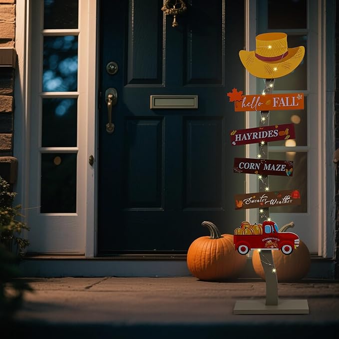Lighted Wood Hello Fall Porch Sign,Fall Welcome Porch Decor,Autumn Maple Pumpkin Truck Sweater Weather Standing Wooden Signs for Home Front Door Yard Party Decor