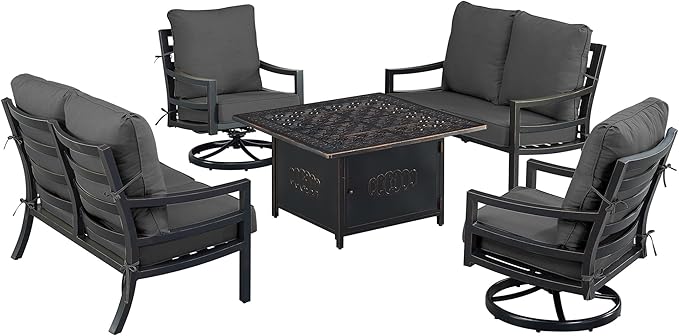 Oakland Living Black Aluminum Patio Fire Table Set with Two Deep Seating Loveseat with Cushions and Two Club Chairs with Black Cushions