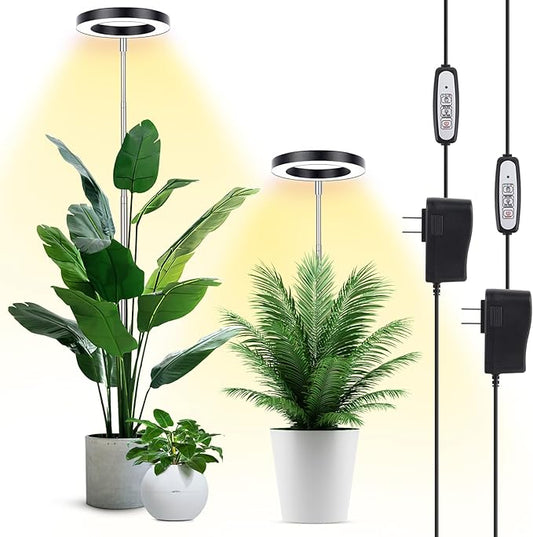LBW Grow Lights for Large Indoor Plants, 144 LEDs Full Spectrum Plant Light, Growing Lamp with 4 Dimmable Levels, 4/8/12H Timer, 59in Height Adjustable, Halo Plant Lamp for Tall Plants, Black, 2 Pack