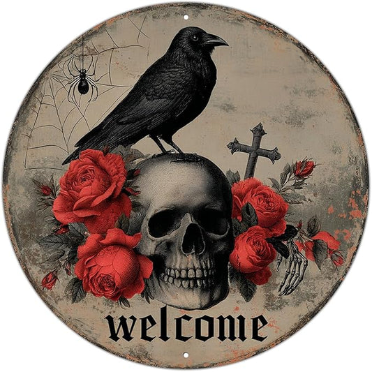 PEACHGARDEN Halloween Skull Crow Metal Tin Sign Vintage Gothic Skeleton Decor Spooky Welcome Door Plaque Retro Wall Art Iron Painting for Home Bar Pub 12x12inch