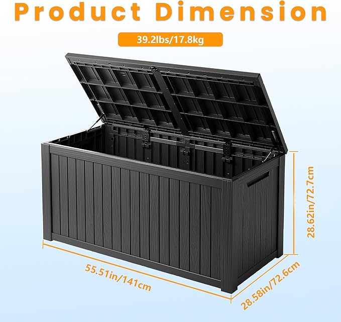 200 Gallon Waterproof Large Resin Deck Box Indoor/Outdoor Lockable Storage Container and Seating for Garden, Pool, and Patio (200 Gallon, Black)