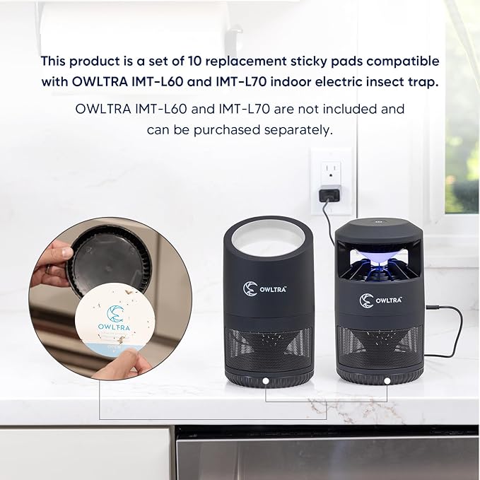 Original 10 Replacements Sticky Glue Pads Refills for OWLTRA IMT-L60 and IMT-L70 Indoor Electric Insect Trap, Catcher & Killer Lamp for Fruit Flies, Mosquitos, Moths, Gnats, and More