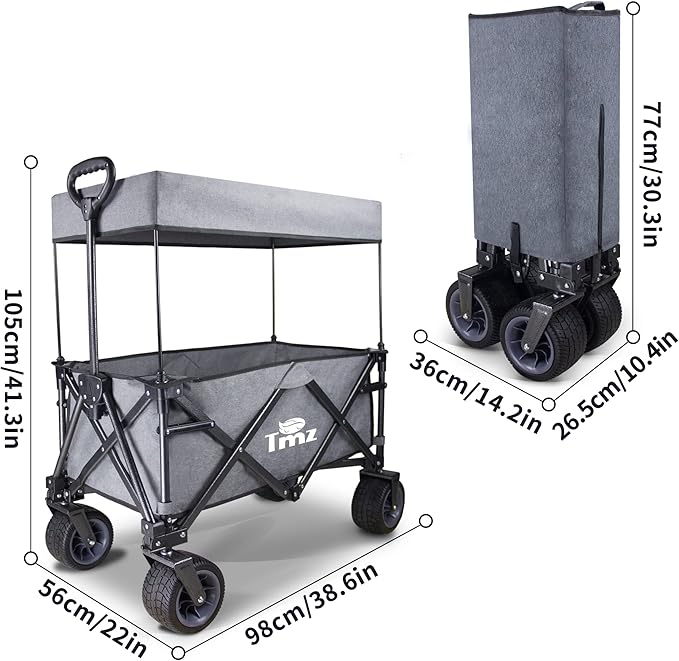 TMZ Collapsible Folding Wagon Cart, Outdoor Utility Garden Cart, Heavy Duty Camping Wagon with Big Wheels, Foldable Wagon for Sports, Shopping, Fishing and Beach-Grey