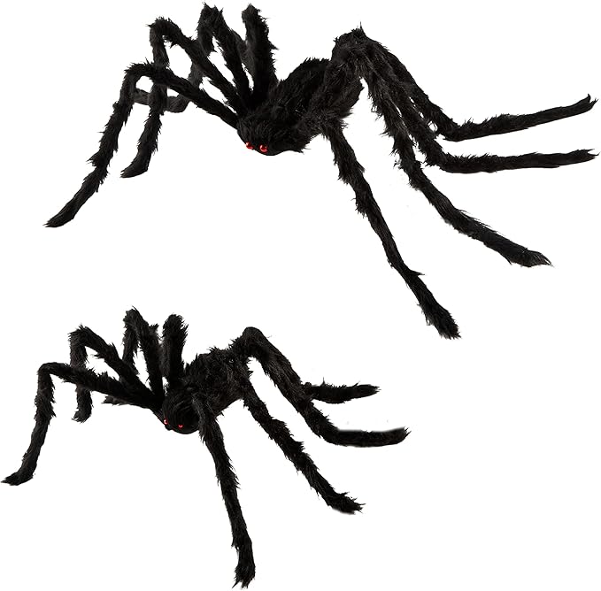 QBSM 2 Pcs Realistic Hairy Giant Spider Real Large Fake Spiders for Halloween Outdoor Decoration House Prank Prop (49.2''+35.4'')