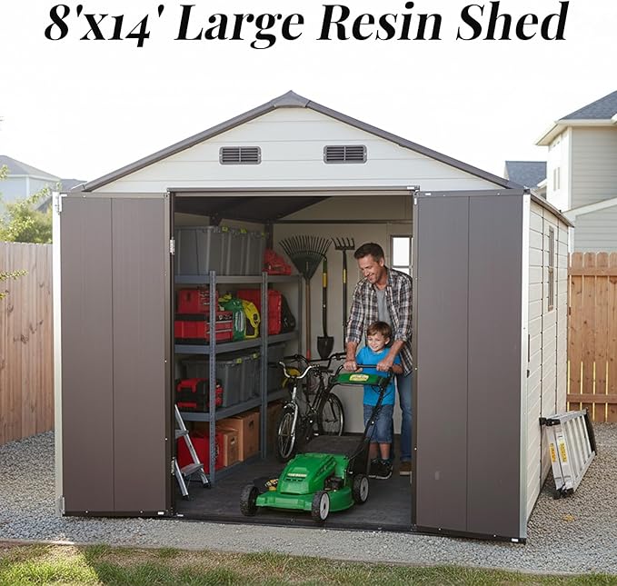 8x14 FT Resin Storage Sheds Outdoor with Floor Included, Plastic Sheds & Outdoor Storage Clearance with 2 Windows and Lockable Door, Backyard Storage Sheds for Garden Tools, Brown+White