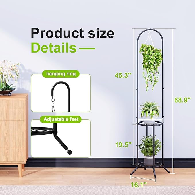 2-tier Hanging Plant Stand Plant Hanger Indoor Outdoor Corner Plant Stands for Indoor Plants, Space-Saving Iron Planter Shelves, Multiple Flower Pot Display Holder Shelf with Hanging Hook, Indoor Outdoor Heavy Duty Planter Shelving Unit (n-style,Black)