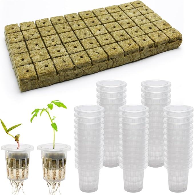 100 Pcs Rockwool Cube for Hydroponics with Net Pot, 50P 1Inch Rockwool Stonewool Plug & 50P 1.5Inch Net Cup for Seed Starter Soilless, Hydroponics, Plant Germination Start (Transparent)