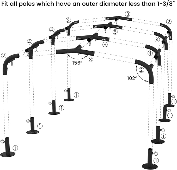 1 3/8'' Canopy Fittings for 8 Leg Carport Frame Parts, Black Canopy Pipe Fittings with Eye Bolts, Carport Frame Kit Low Peak Connectors with 156 Degree Angle(20Pcs)