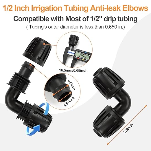 Drip Irrigation Elbow Fittings, 12 Pieces 1/2'' Dripline Locked Barbed Elbow Connectors for 1/2 Inch Irrigation Tubing (1/2" ID x 0.640" OD) 90 Degree Corner for Garden Sprinkler Systems