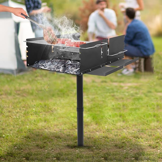 Adjustable Height Large Park Style Grill, Single Post Outdoor Grill, Portable Park Style Charcoal Grill, Camp Grilling Barbecues for Outdoor Barbecues, Parties, Camping.