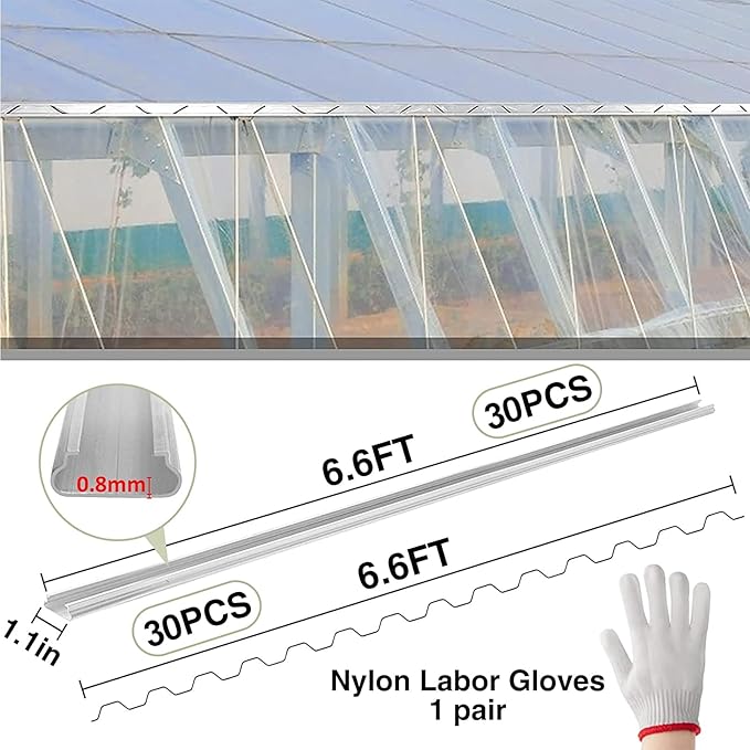 Spring Wire & Lock Channel - 20 Sets PVC Coated Spring Wire & Aluminum Alloy U-Channel Bundle with Nylon Gloves, 6.6 ft Farmer Greenhouse Frame Kit for Fix Poly Film Shade Cloth