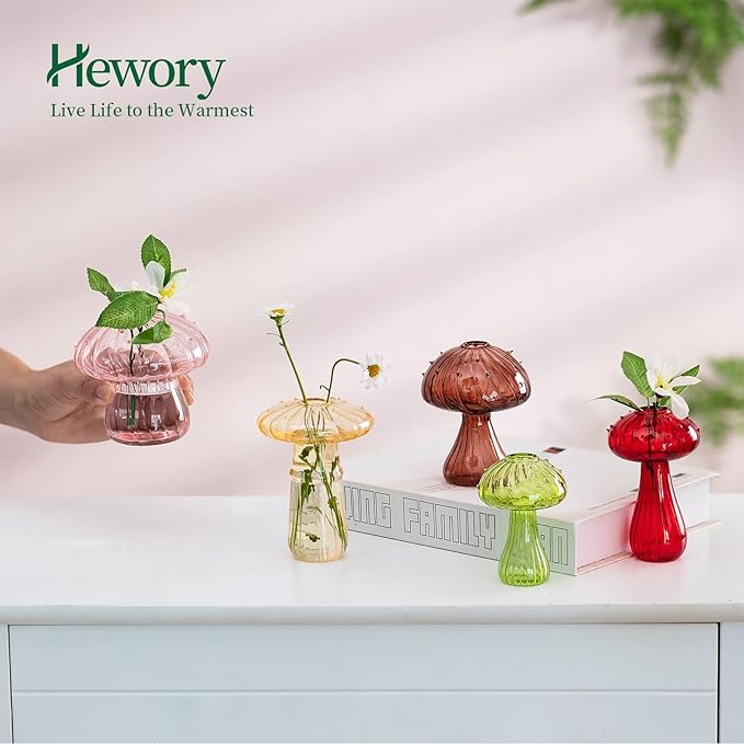 Mushroom Jars for Plants, Hewory 10pcs Colored Glass Mushroom Bud Vase for Flower, Unique Plant Propagation Stations Propagating Vases Decor, Mini Cute Hydroponic Terrarium Planter for Indoor Planters