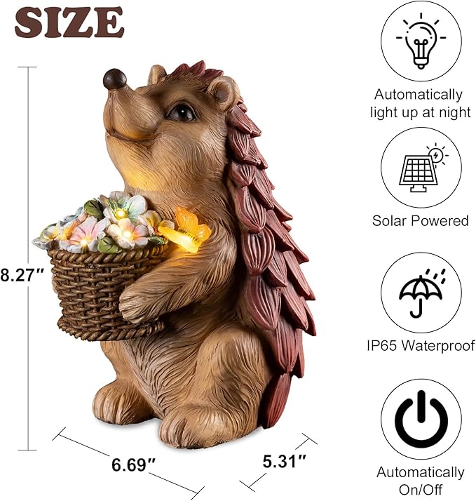 Solar Hedgehog Garden Statue with Flower Basket – Outdoor Decorative Resin Figurine with Solar Light for Lawn, Yard & Patio Decor