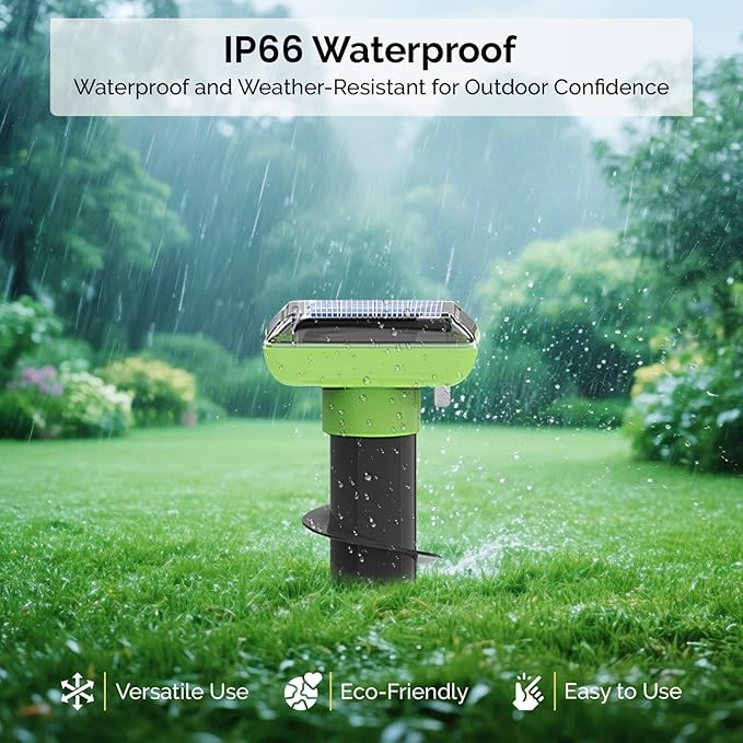 Solar Garden Device – 4 Pack, IP66 Waterproof, Solar Rechargeable, Covers up to 75 sq. ft., Quick 2-Hour Charge, 8–10 Hours Operation, Weather-Resistant Lawn & Garden Spikes – EPA No. 94623