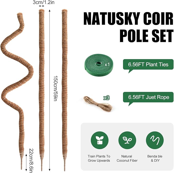 3 Pack Moss Pole 63 Inch Monstera Plant Support Moss Poles Bendable for Climbing Plants Longer Coco Coir Sticks Support Stakes Tall for Indoor Creeper DIY Shape Plants Grow Upwards